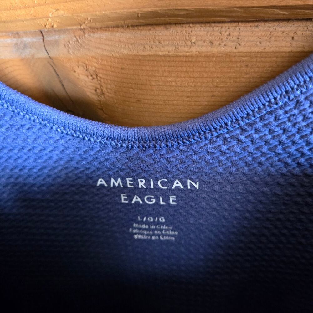 American Eagle Scoop Neck Flare Leg Jumpsuit Blue Stretchy Waffle Knit L Tank - Picture 3 of 6